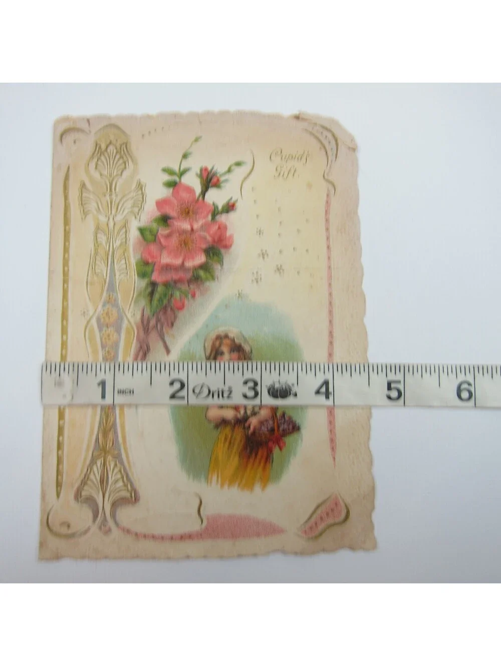 Valentine Card Girl Bonnet Yellow Dress Flowers Embossed Die cut Bifold Antique